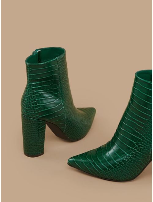 Shein Croco Embossed Pointy Toe Block Heel Ankle Boots