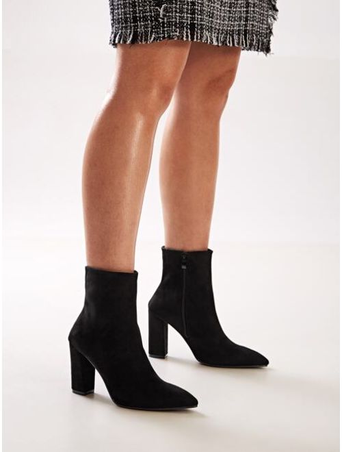 Shein Black Flannel Point Toe Side Zip Chunky High Heel Boots