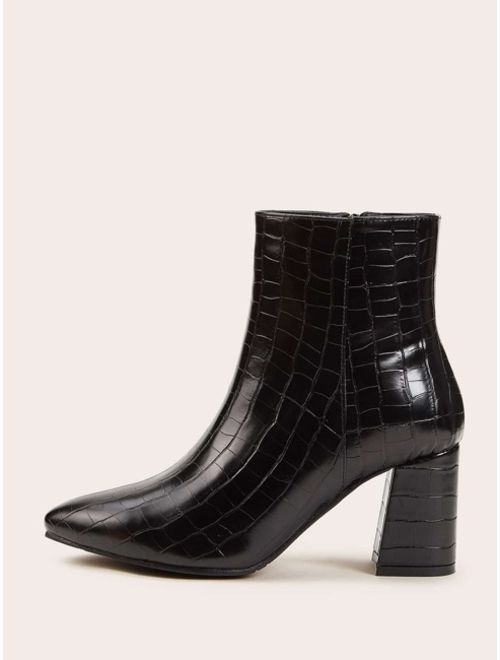 Shein Point Toe Croc Embossed Chunky Western Boots