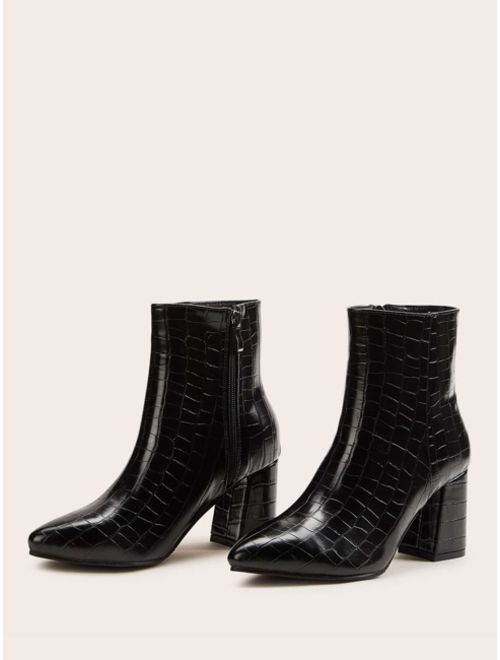 Shein Point Toe Croc Embossed Chunky Western Boots