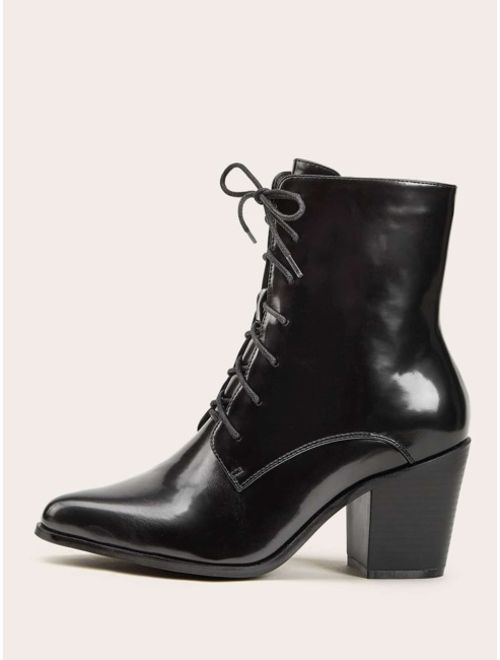 Shein Point Toe Lace Up Stacked Heel Boots