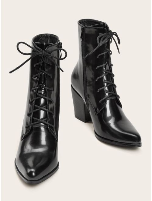 Shein Point Toe Lace Up Stacked Heel Boots