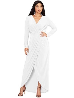 Womens Long Sleeve Formal Wrap Draped Cocktail V-Neck Gown Maxi Dress