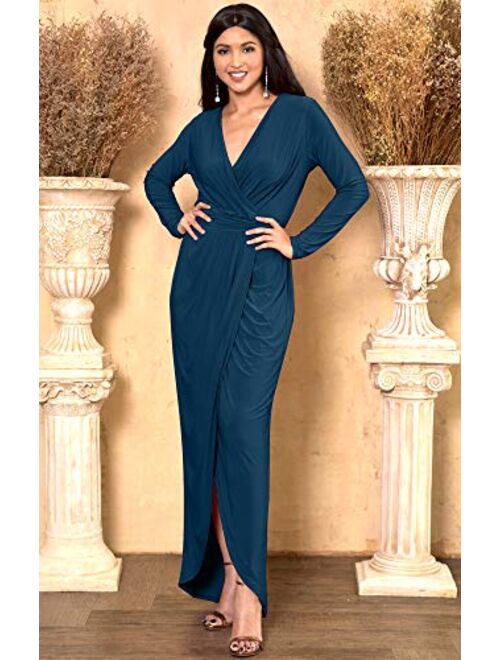KOH KOH Womens Long Sleeve Formal Wrap Draped Cocktail V-Neck Gown Maxi Dress