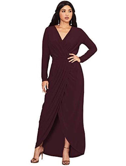 KOH KOH Womens Long Sleeve Formal Wrap Draped Cocktail V-Neck Gown Maxi Dress