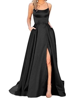 YMSHA Womens Long Halter Split Prom Party Dresses with Pockets Spaghetti Straps Evening Formal Gown PM10
