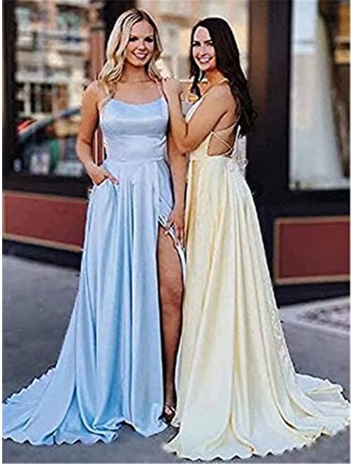 YMSHA Womens Long Halter Split Prom Party Dresses with Pockets Spaghetti Straps Evening Formal Gown PM10