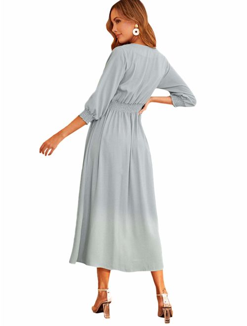 MAKEMECHIC Women's Elegant Button Front Elastic Waist Shirred Fit and Flare Long Shirt Dress