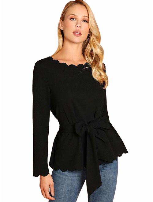 Romwe Women's Bow Self Tie Scalloped Cut Out Elegant Office Work Tunic Blouse Top