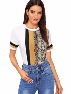Women's Casual Leopard Printed Short Sleeve Color Block T Shirts Tops