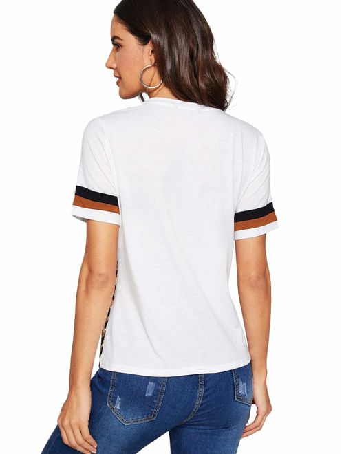 Floerns Women's Casual Leopard Printed Short Sleeve Color Block T Shirts Tops