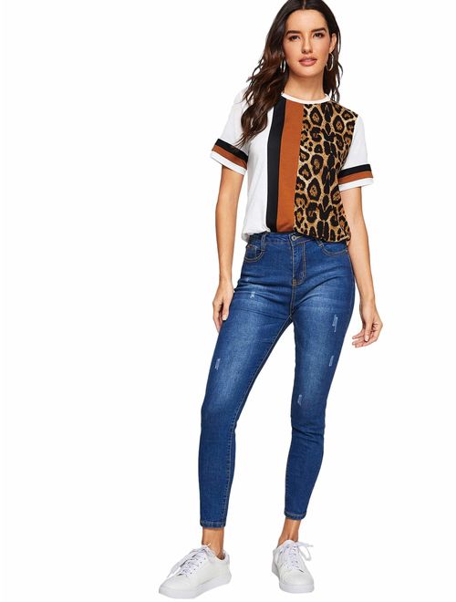 Floerns Women's Casual Leopard Printed Short Sleeve Color Block T Shirts Tops