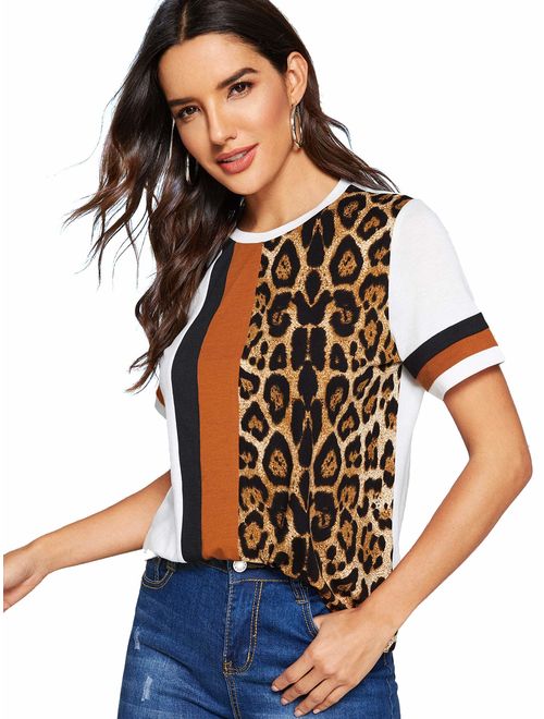 Floerns Women's Casual Leopard Printed Short Sleeve Color Block T Shirts Tops