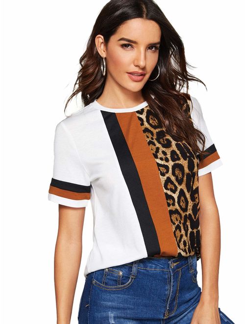 Floerns Women's Casual Leopard Printed Short Sleeve Color Block T Shirts Tops