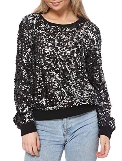 Anna Kaci Anna-Kaci Women's Sequin Crewneck Sweatshirt Long Sleeve Sparkly Pullover Top