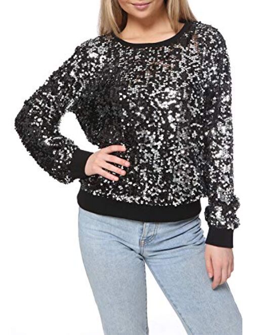 Anna Kaci Anna-Kaci Women's Sequin Crewneck Sweatshirt Long Sleeve Sparkly Pullover Top