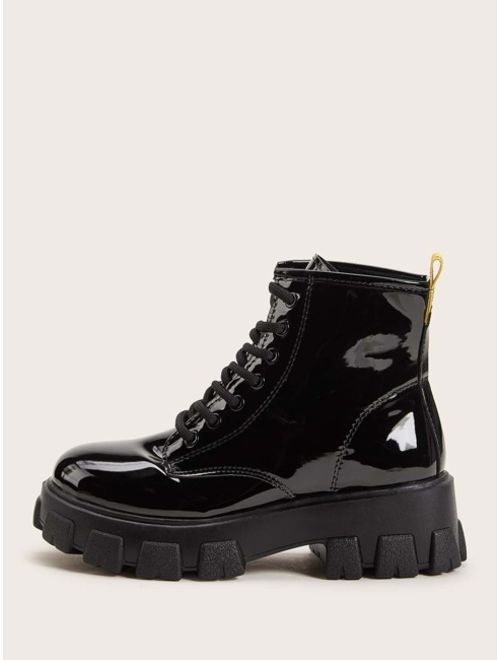 Shein Lace-up Front Patent Combat Boots