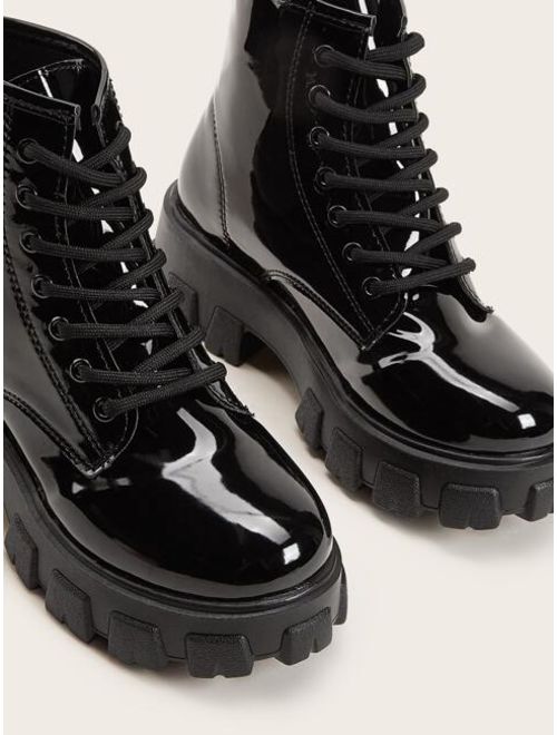Shein Lace-up Front Patent Combat Boots