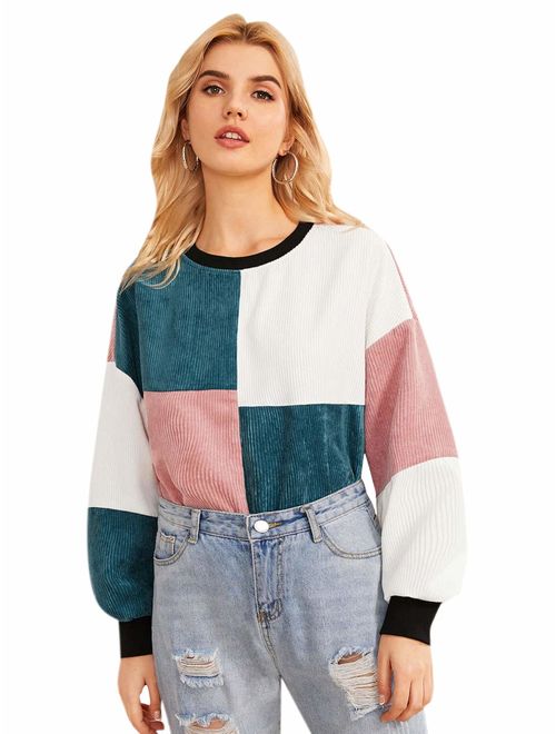 WDIRARA Women's Casual Colorblock Long Sleeve Corduroy Pullover Sweatshirt