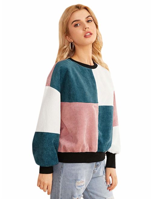 WDIRARA Women's Casual Colorblock Long Sleeve Corduroy Pullover Sweatshirt