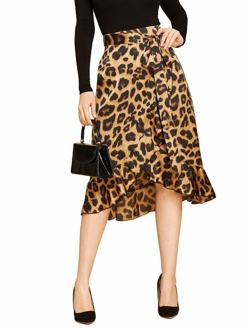 SheIn Women's Leopard Print Ruffle Hem Casual Midi Wrap Skirt