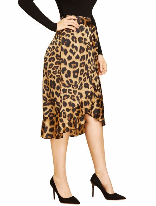 SheIn Women's Leopard Print Ruffle Hem Casual Midi Wrap Skirt