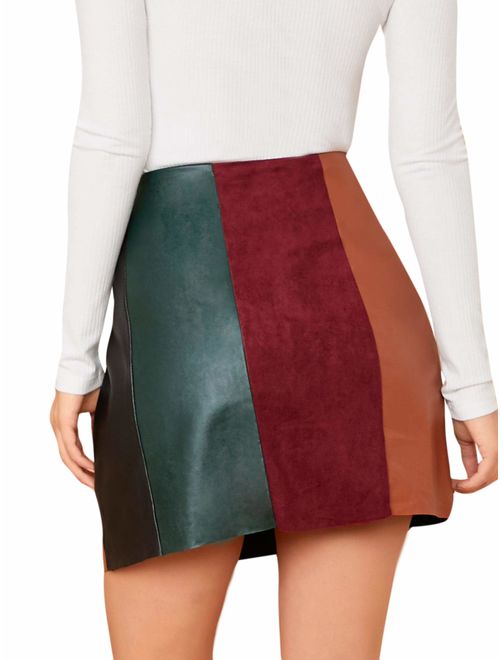 Floerns Women's Color Block Faux Leather High Waist Bodycon Mini Skirt