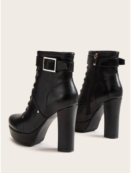 Shein Buckle Decor Lace-up Front Chunky Boots