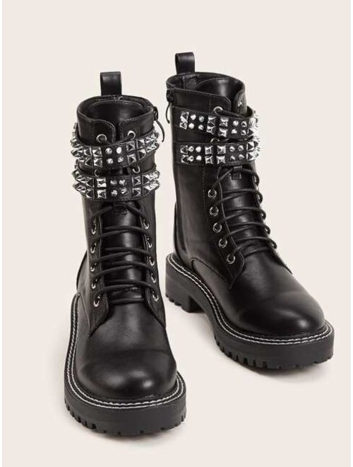 Shein Studded & Buckle Lace Up Combat Boots