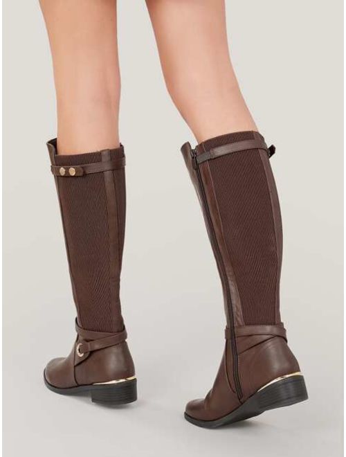 Shein Metal Heel Detail Strappy Knee High Ribbed Boots