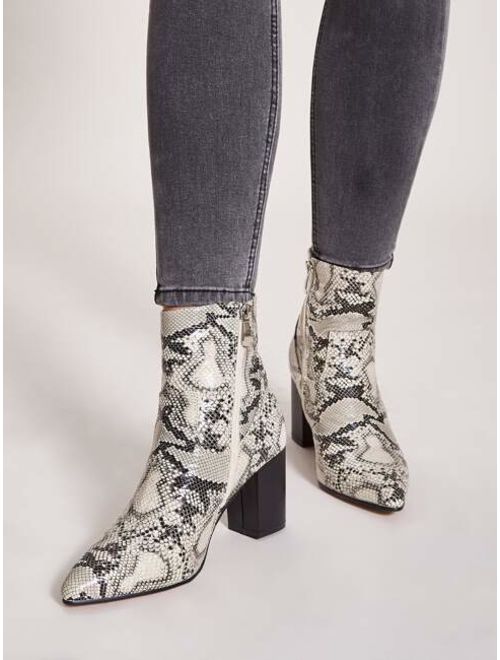 Shein Point Toe Snakeskin Print Chunky Boots
