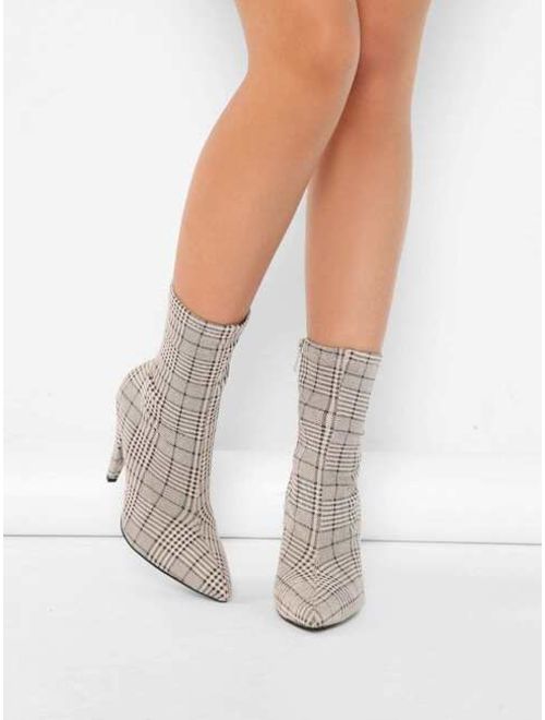 Shein Plaid Printed Pointed Stretch Sock Heel Booties