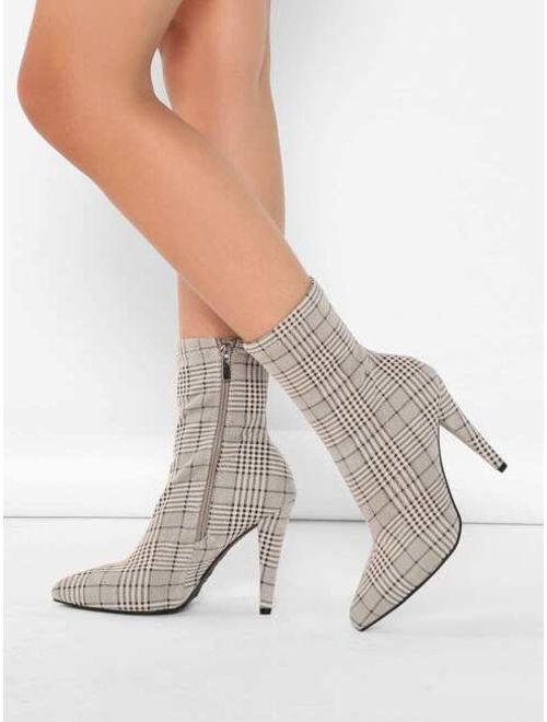 Shein Plaid Printed Pointed Stretch Sock Heel Booties