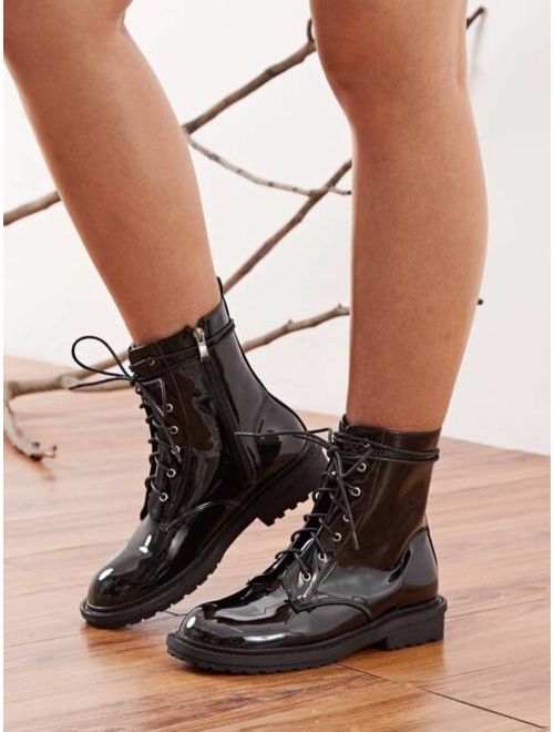 Shein Faux Patent Leather Lug Sole Combat Boots