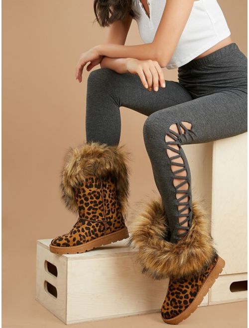 Shein Faux Fur Trim Leopard Snow Boots