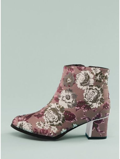 Shein Metal Heel Detail Embroidered Floral Booties