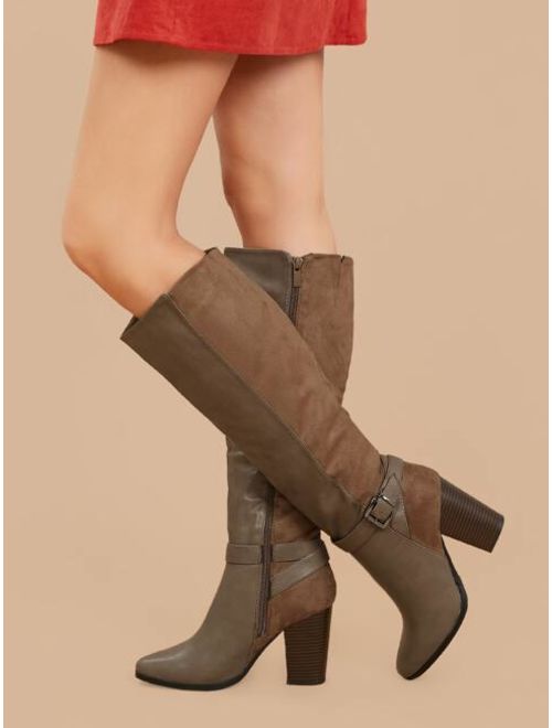 Shein Side Buckle Textured Stacked Heel Knee High Boots