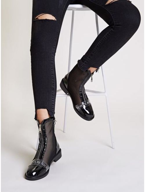 Shein Letter Graphic Mesh Panel Zip Front Boots