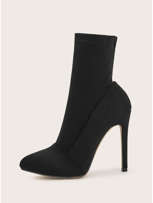 Shein Black Polyester Point Toe Stiletto Sock High Heel Boots