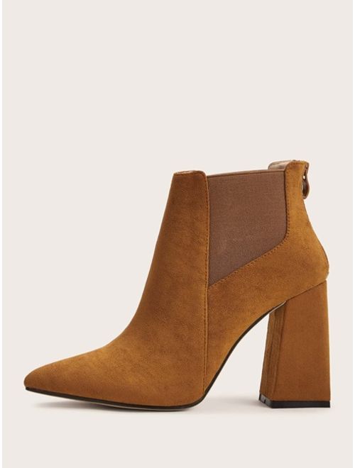 Shein Point Toe Zip Back Chunky Heeled Suede Boots