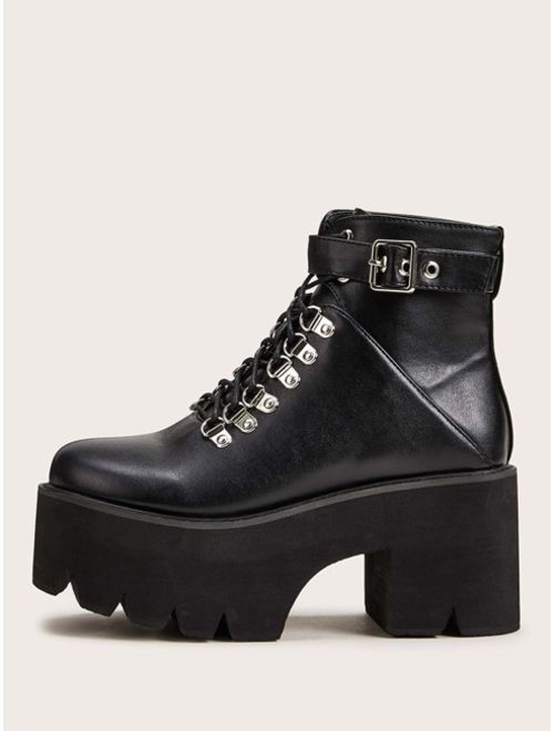 Shein Buckle Decor Lace-up Front Platform Chunky Boots