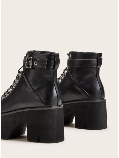 Shein Buckle Decor Lace-up Front Platform Chunky Boots