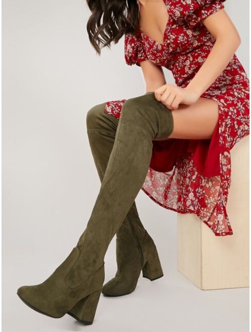 Shein Round Toe Stretch Over The Knee Block Heel Boots