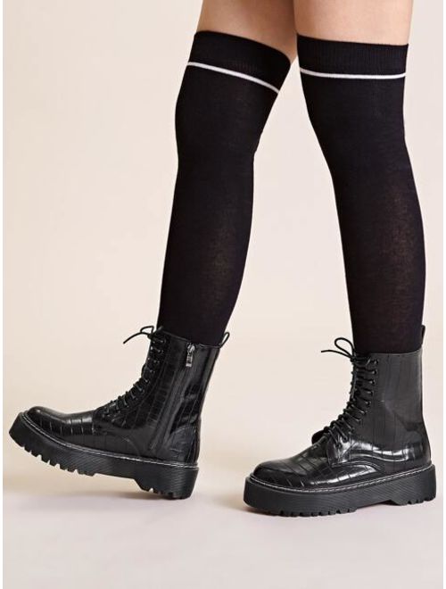 Shein Croc Embossed Lace-up Front Combat Boots