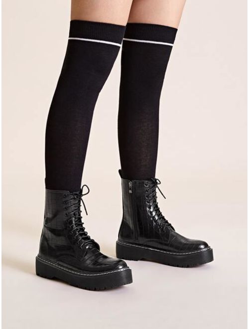 Shein Croc Embossed Lace-up Front Combat Boots
