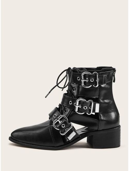 Shein Buckle Decor Lace-up Front Zip Back Boots