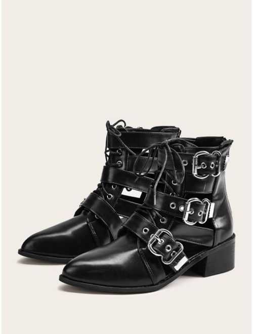 Shein Buckle Decor Lace-up Front Zip Back Boots