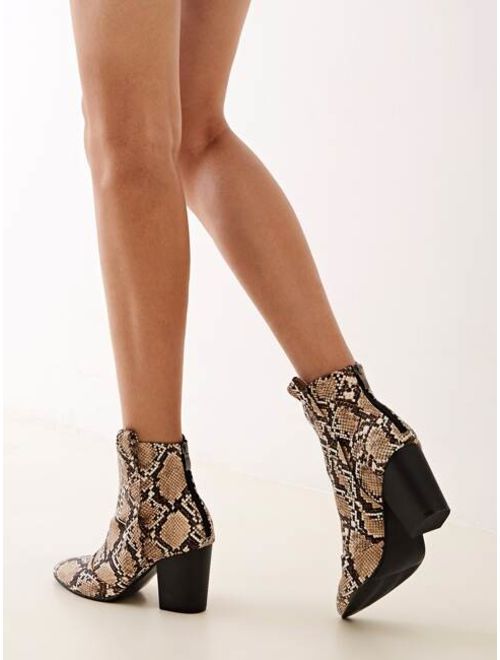 Shein Point Toe Snakeskin Zip Back Chunky Boots