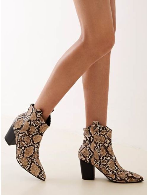 Shein Point Toe Snakeskin Zip Back Chunky Boots