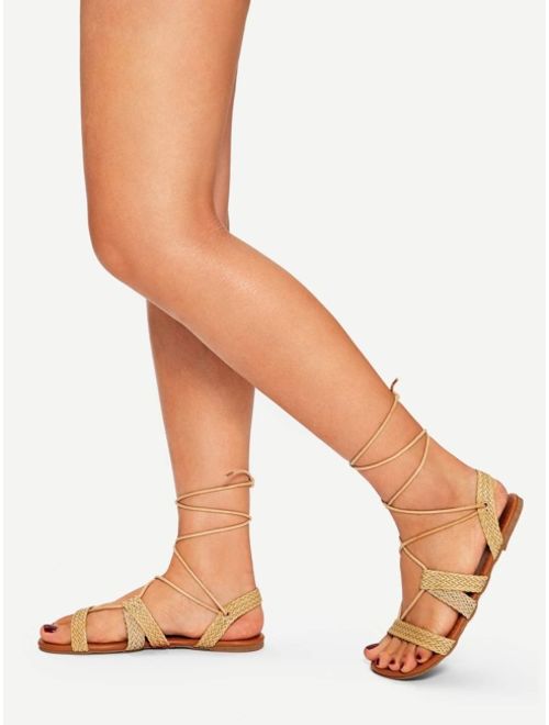 Shein Weave Detail Tie Leg Flat Sandals